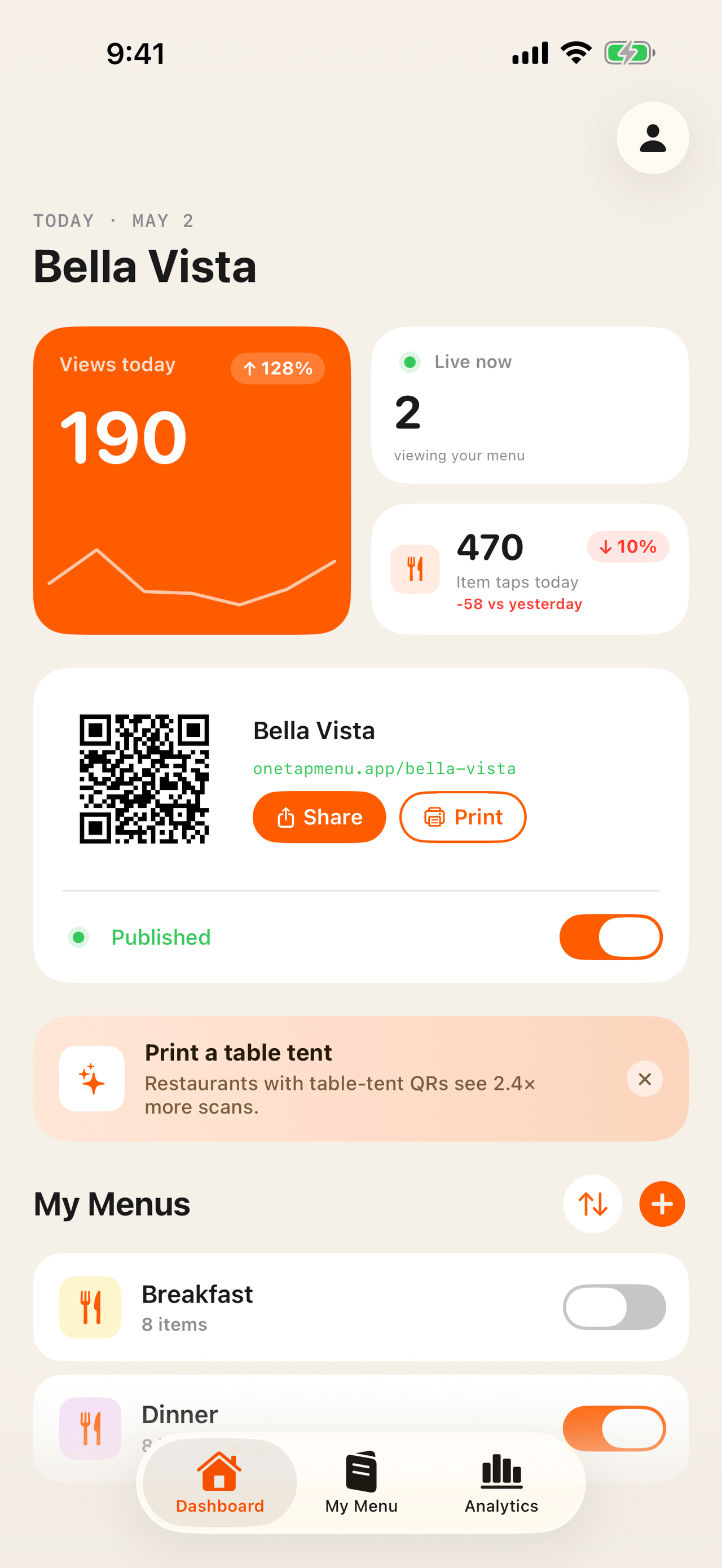 OneTapMenu dashboard