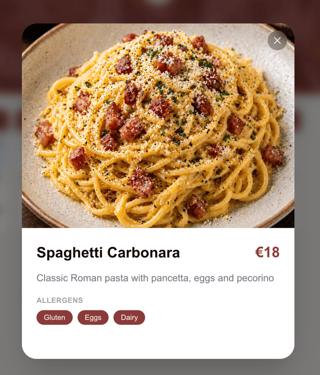 Digital menu showing allergen tags on a Spaghetti Carbonara dish