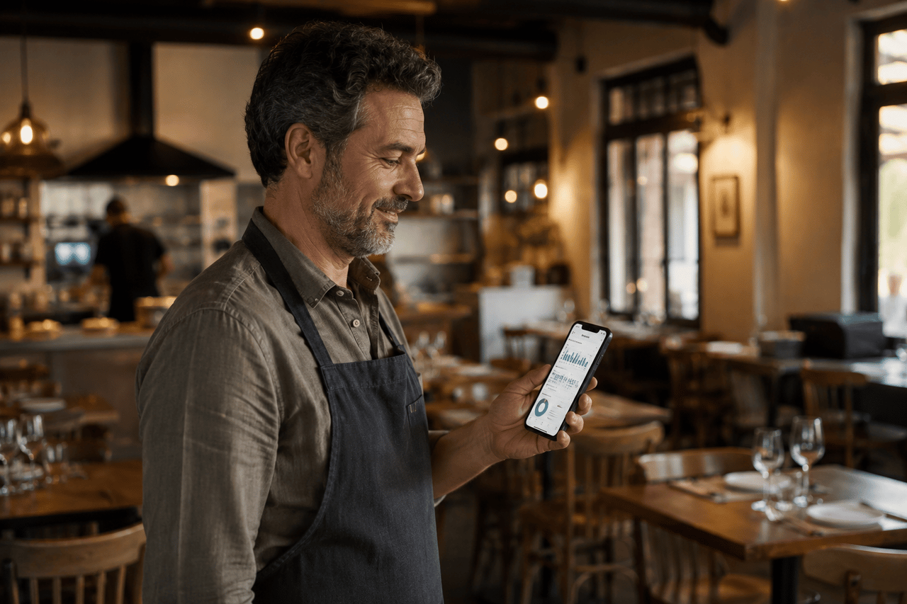 Restaurant owner looking at analytics on their phone, with the restaurant visible in the background
